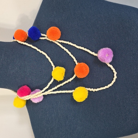 Multi Color Pompom and Seed Bead Long Necklace - Picture 1 of 6